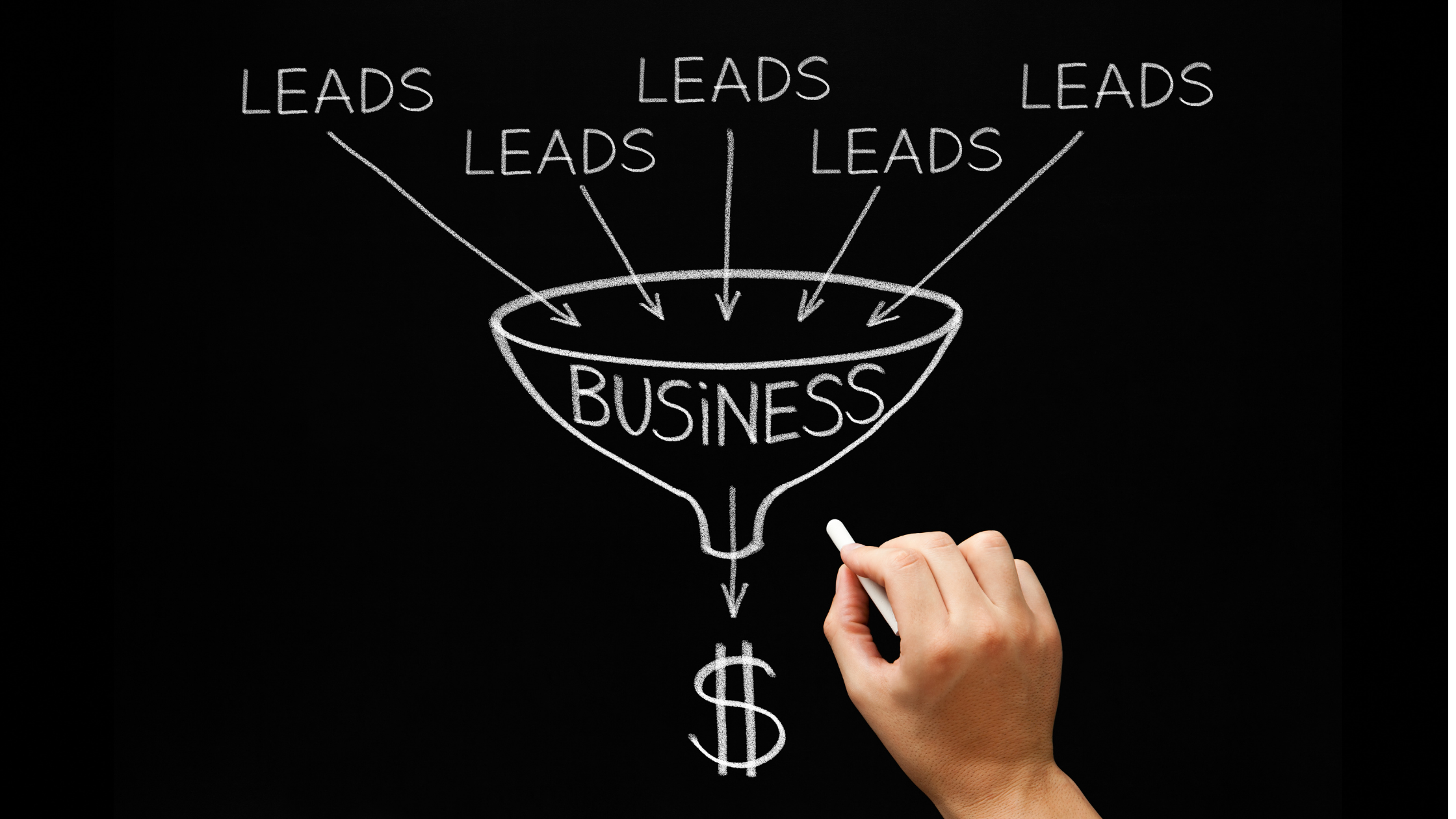 chalk drawing of leads going into business funnel ending in dollar sign
