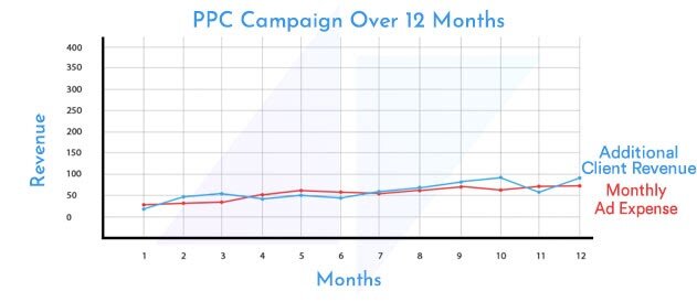 PPC campaign over 12 months showing revenue and monthly ad expense