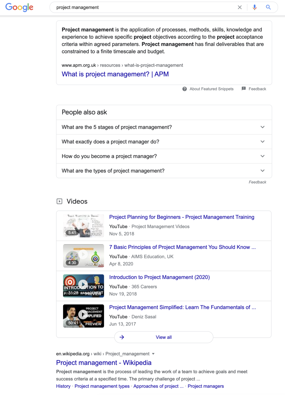 Google search results for the keyword ''project management”