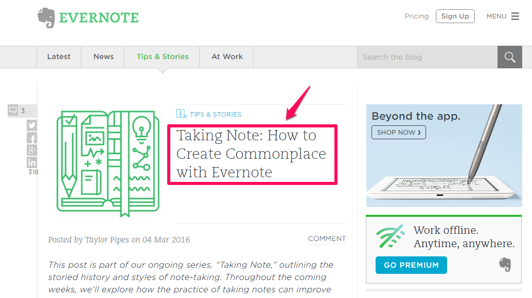 Evernote post showing blog topics to answer customer questions