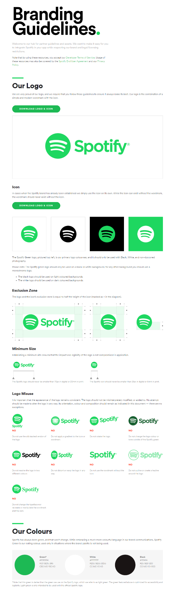 Infographic showing Spotify’s branding guidelines including logo sizes and brand colors