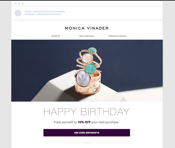 automated email marketing showing jewelry with a happy birthday greeting and discount