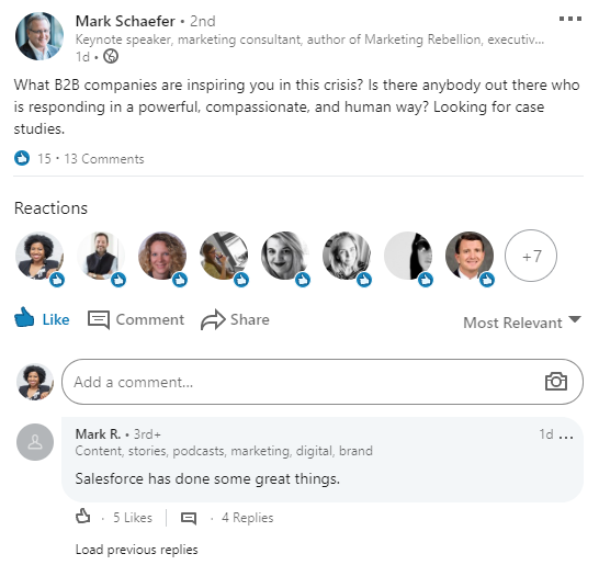 Linkedin post from Mark Schaefer asking about B2B companies