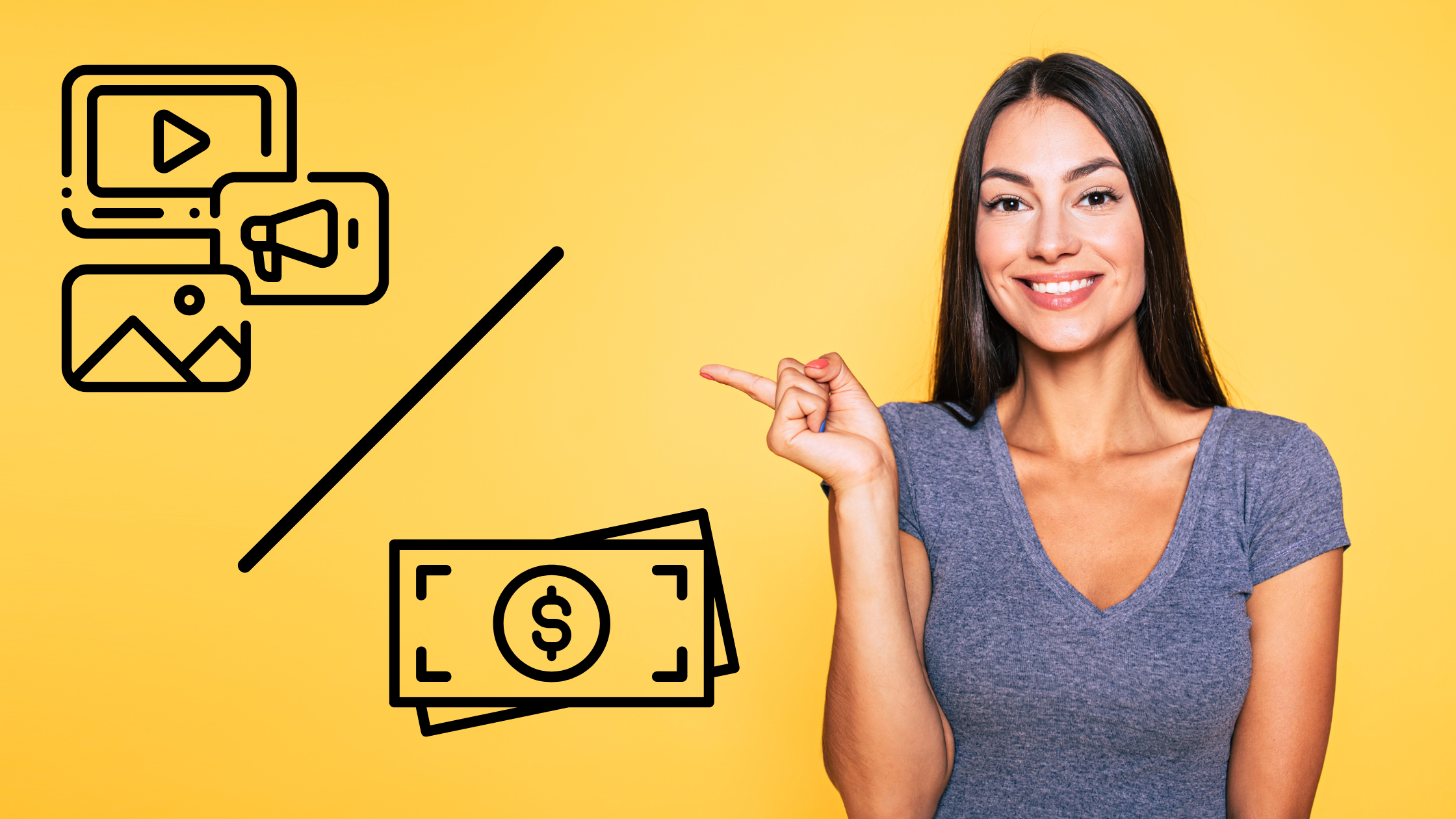 woman pointing to symbols of content marketing and dollar signs